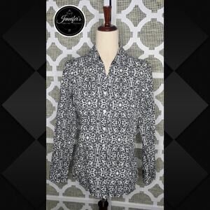 Christopher & Banks Black White Scroll Print Button Front Blouse Size Medium